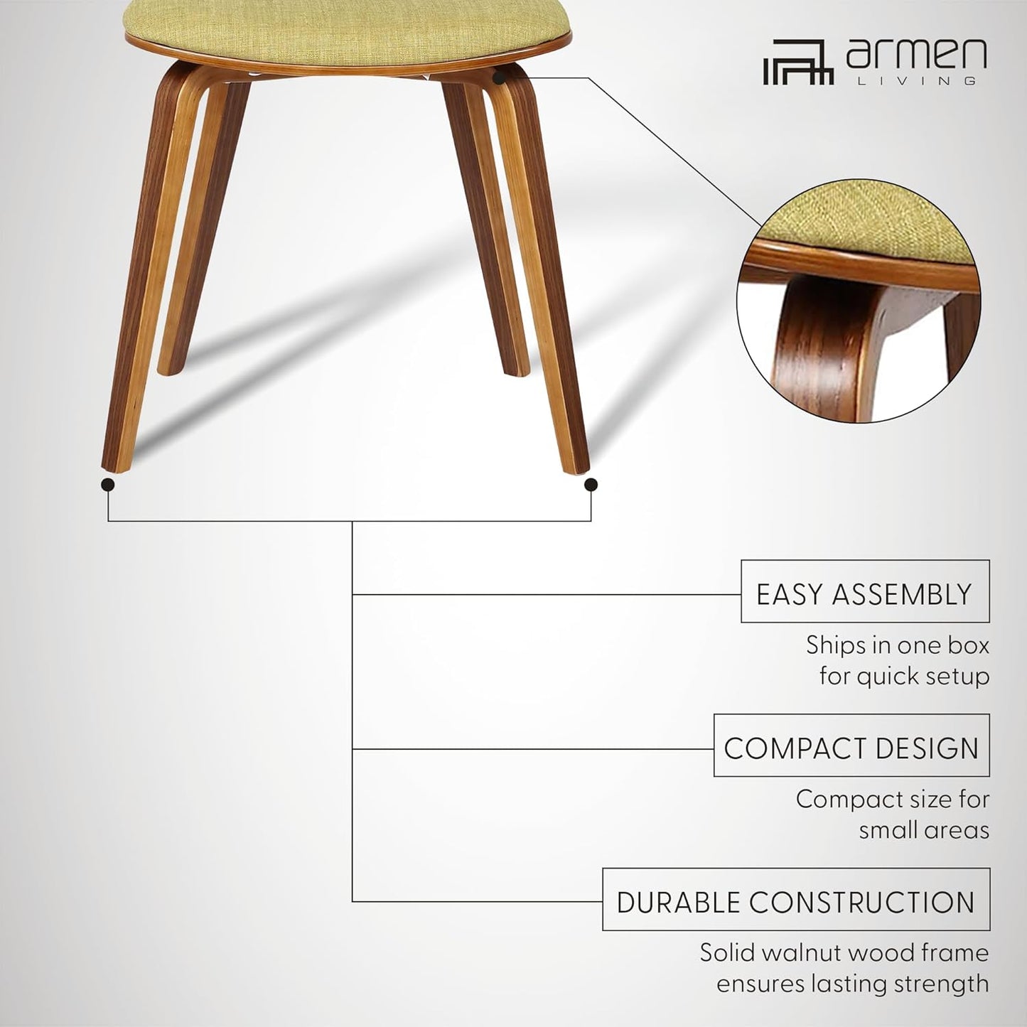 Armen Living Jaguar Mid-Century Dining Chair in Walnut Wood and Green Fabric