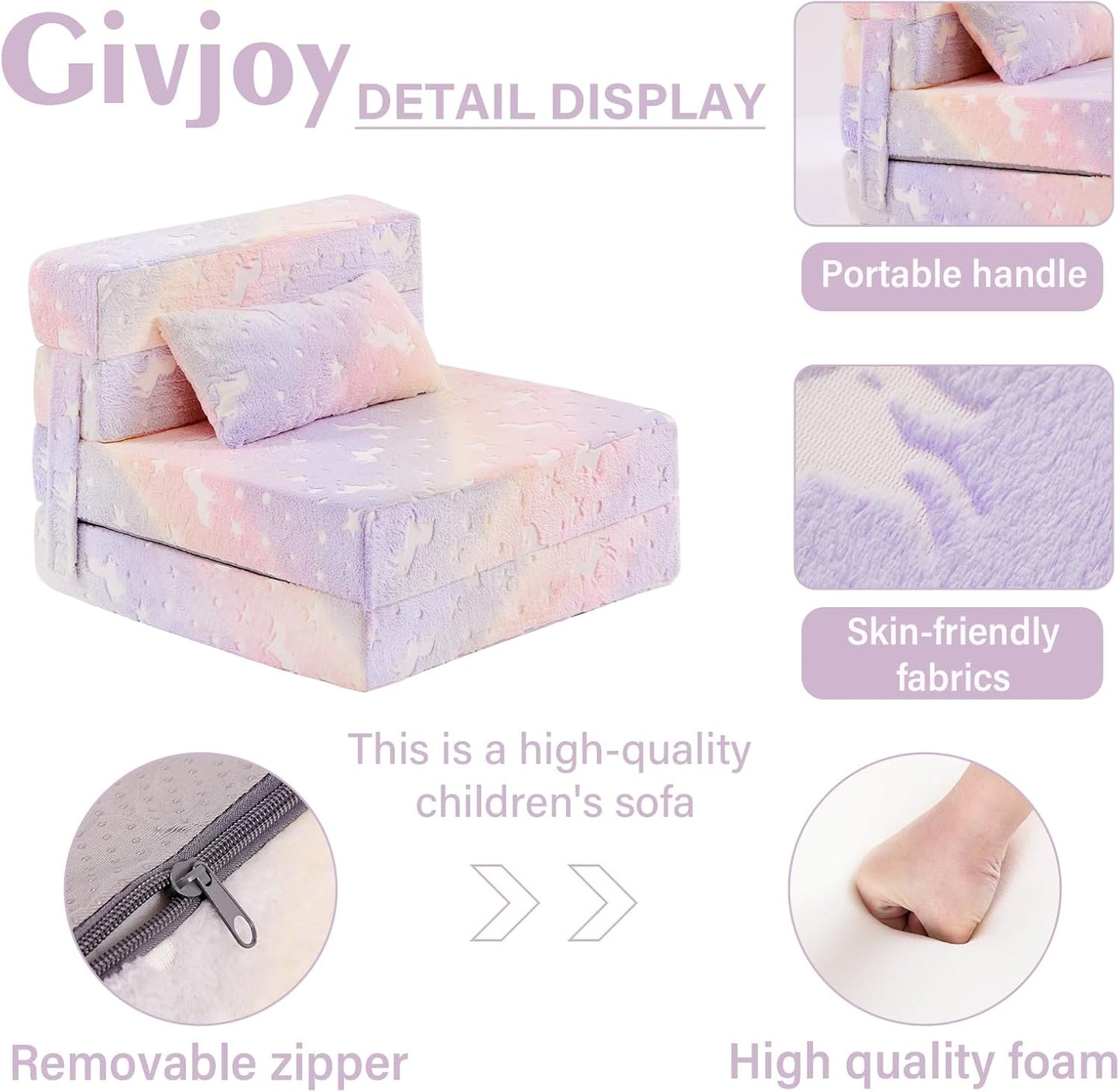 Folding Sofa Bed Floor Mattress for Kids with Pillow, Toddler Washable Folding Floor Nap Mat Futon, Child Fold Up Sofa Chair Bed with Storage Bag for Girls and Boys