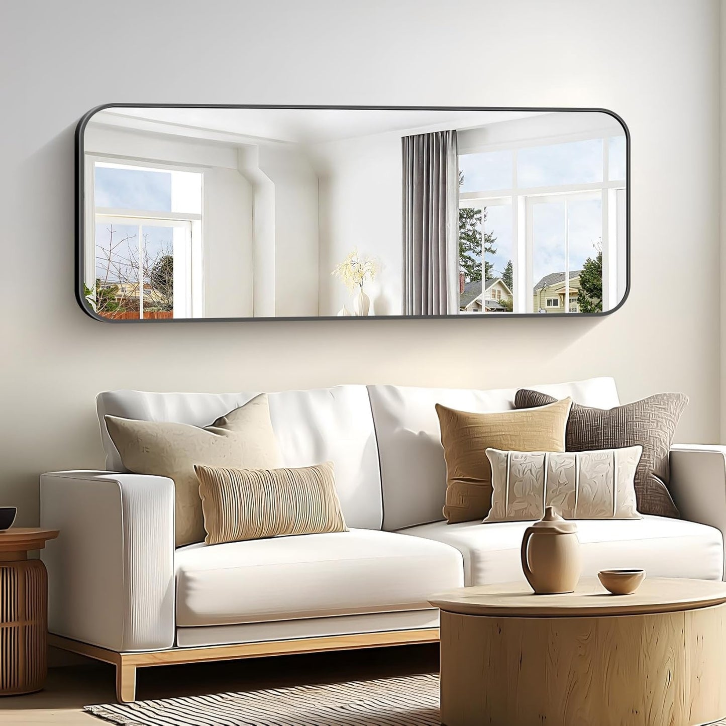 Bathroom Mirror, 60 x 24 inch Metal Framed Black Rectangle Mirror, Rounded Corner Rectangular Vanity Mirror, Large Wall Mounted Mirror for Modern Bedroom Living Room Horizontal or Vertical