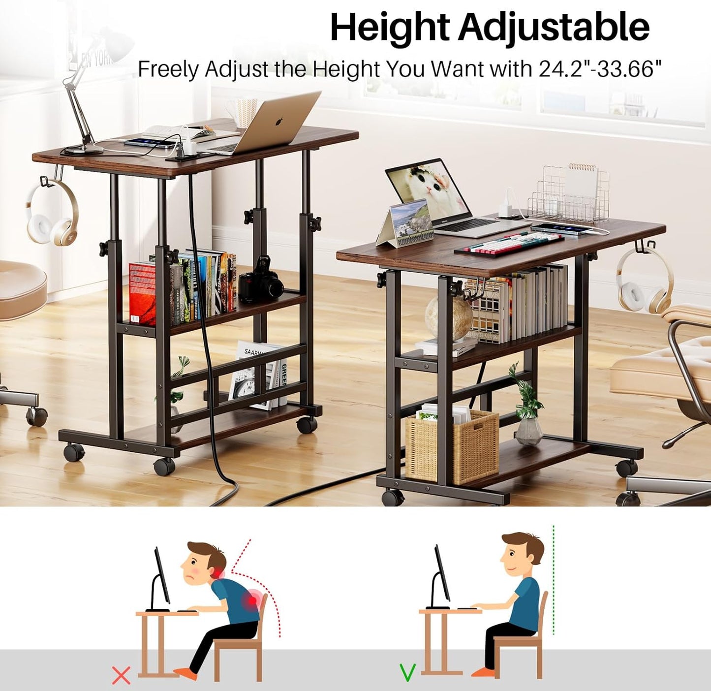 Adjustable Height Standing Desk with Power Outlets, Rolling Stand Up Desk with Storage Shelves, 31.5" Small Mobile Computer Desk, Portable Laptop Table (Brown)