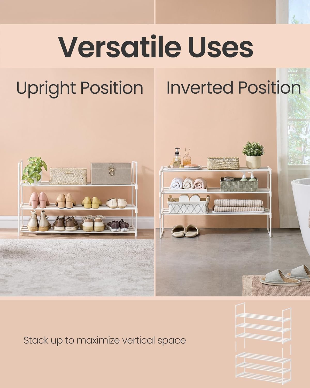 SONGMICS Shoe Rack, 3-Tier Shoe Organizer, Metal Storage Shelf, Upright or Upside Down, for 16-20 Pairs, Stackable, for Entryway, 11.8 x 36.2 x 21.7 Inches, Pearl White ULSA303W03