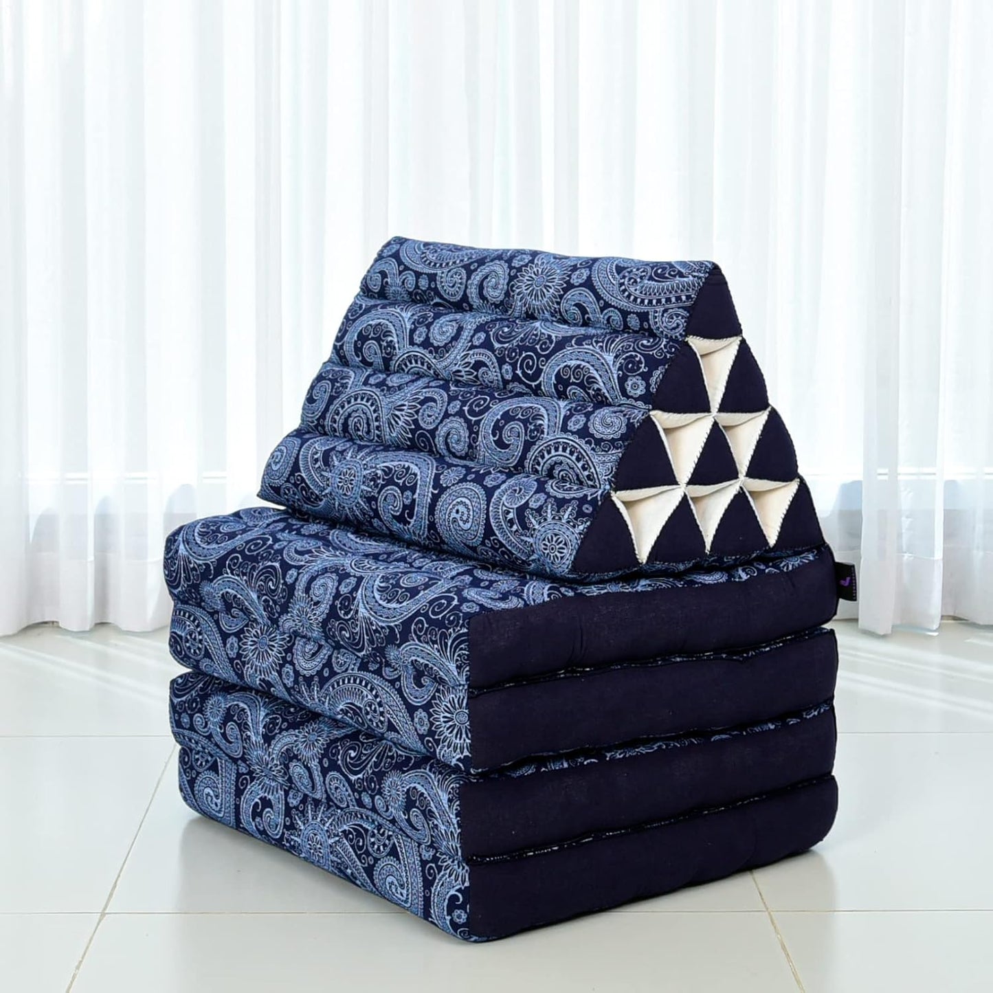 Leewadee Comfortable Japanese Floor Mattress - Thai Floor Bed with Triangle Cushion - Futon Mattress - XL Extra Long Thai Massage Mat, 89 x 20 inches, Blue White, Kapok Filling