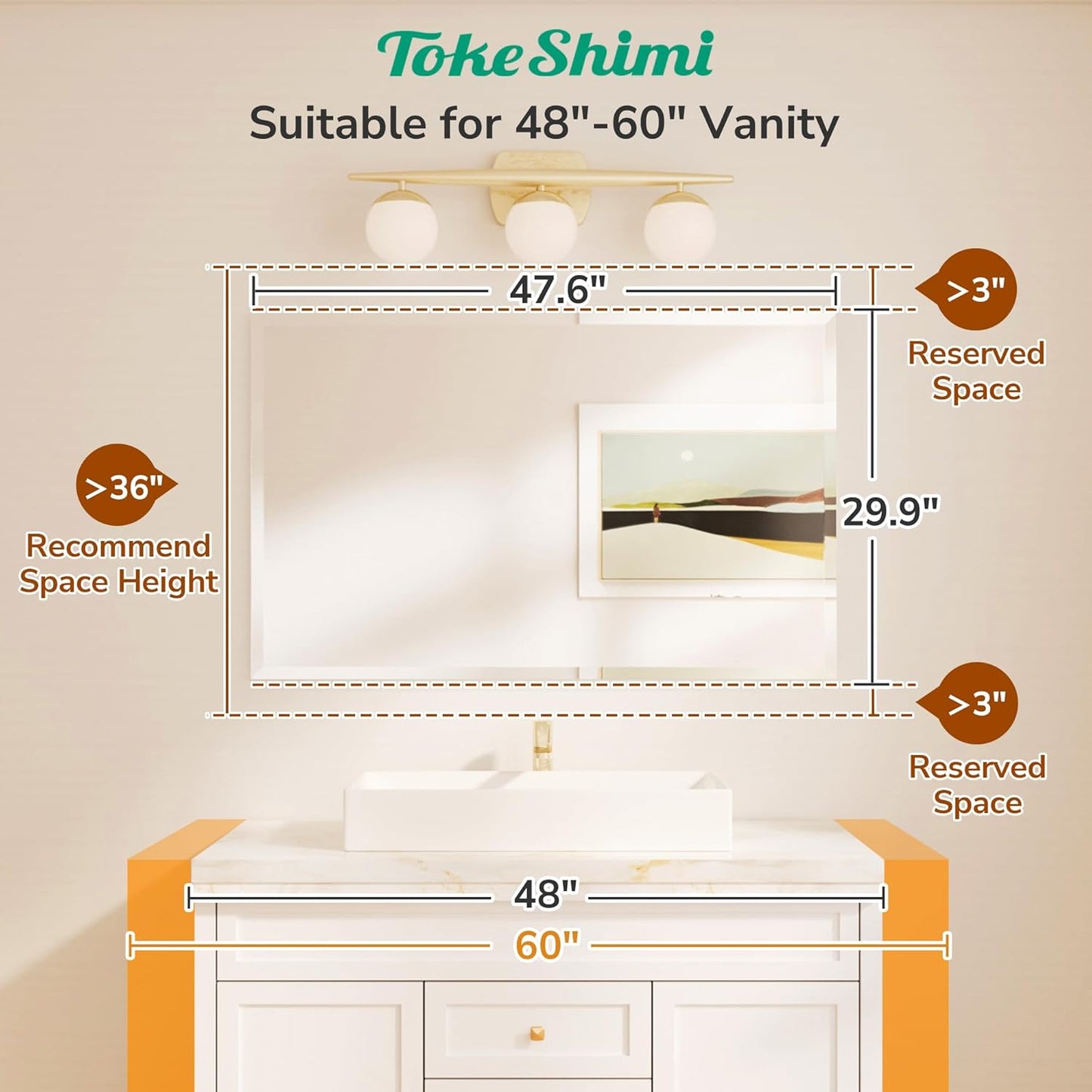 TokeShimi 48x30 Frameless Bathroom Mirror Rectangle, Tempered Beveled Mirror for Bathroom Vanity with 1" Beveled Edge, Shatterproof Modern Wall Mirrored for Living Room, Entryway, Restroom