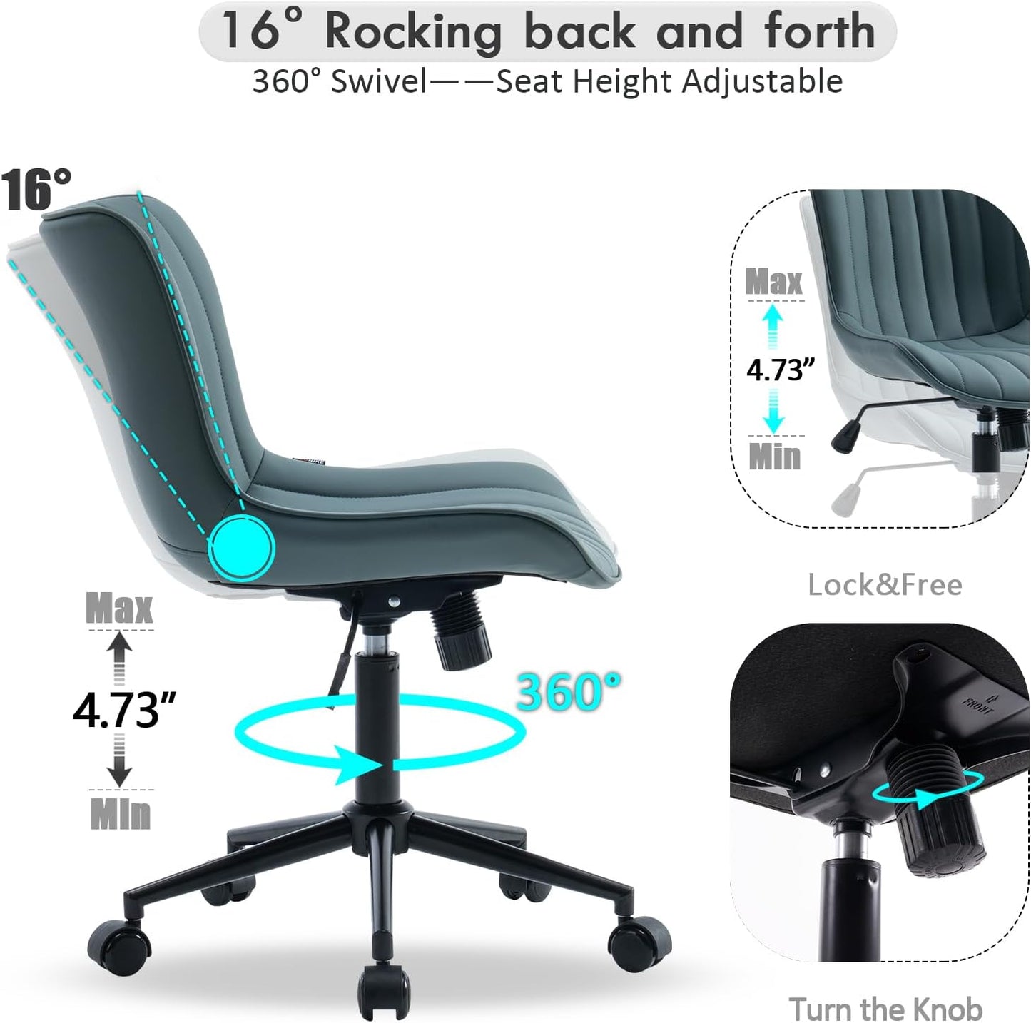 YOUNIKE Home Office Desk Chair with Wheels Armless Compact Comfy Vanity Chair with Adjustable Back Modern Small Leather Upholstered Rolling Swivel Cute Computer Task Chair No Arms Greyish Green