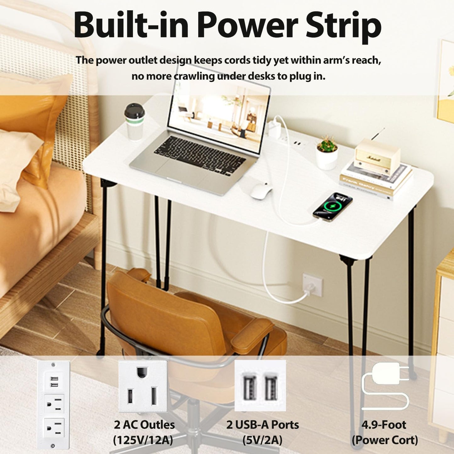 Folding Desk, 31.5" Hairpin Legs Small Desk with Power Strip for Bedroom, Space Saving Foldable Computer Desk for Home Office, No Assembly Need,White