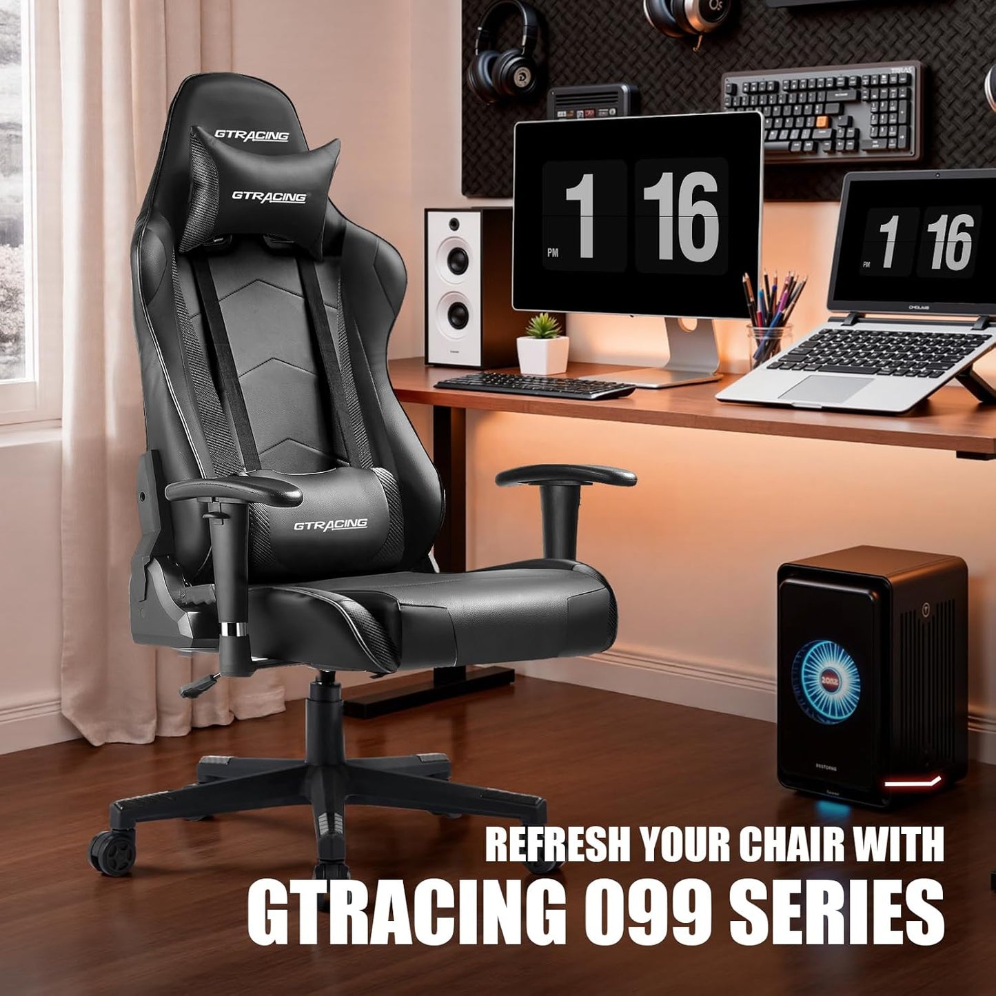 GTRACING Gaming Chair Racing Office Computer Ergonomic Video Game Chair Backrest and Seat Height Adjustable Swivel Recliner with Headrest and Lumbar Pillow Esports Chair (Dark Black)