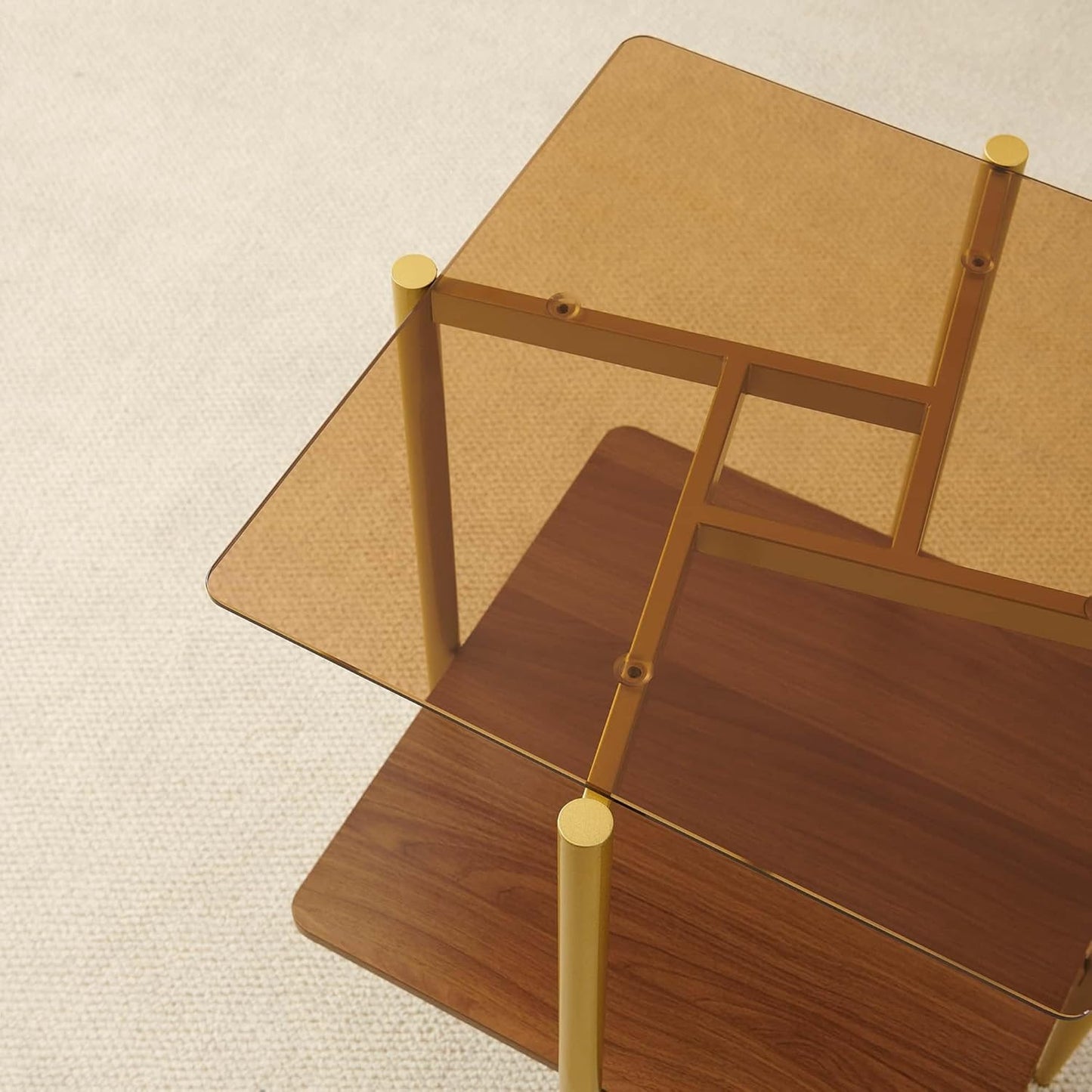 Square Glass End Table, Mid-Century Modern Sofa Table, L20*W20*H23 inch for Living Room, 2-Tier Structure, Amber Glass Top and Walnut MDF Shelf, Sleek Conical Metal Legs with Gold Finish