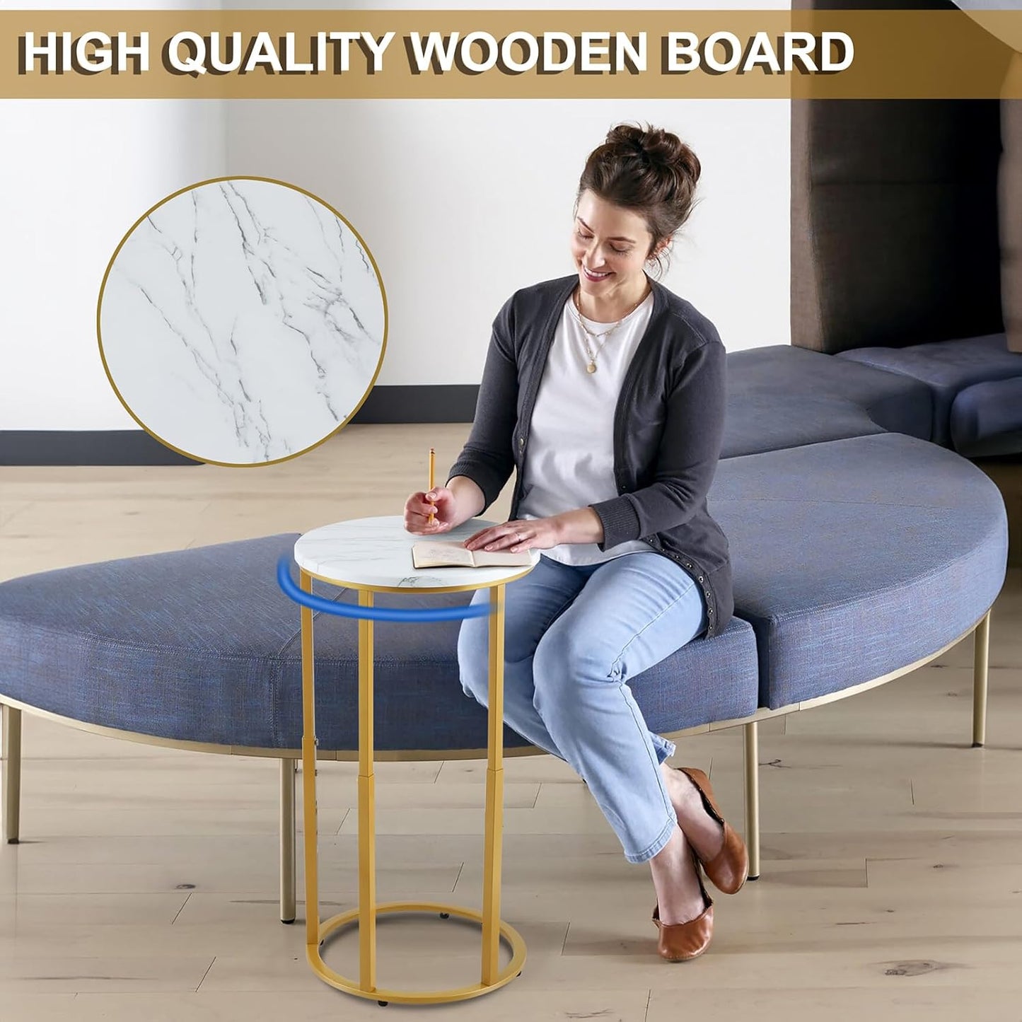 Serteaw C-Shaped End Table, Sturdy Side Table for Couch Sofa Bedside Small Space,C Snack Table TV Tray Record Player Stand Small Tables for Living Room Bedroom,Easy to Assemble,Gold