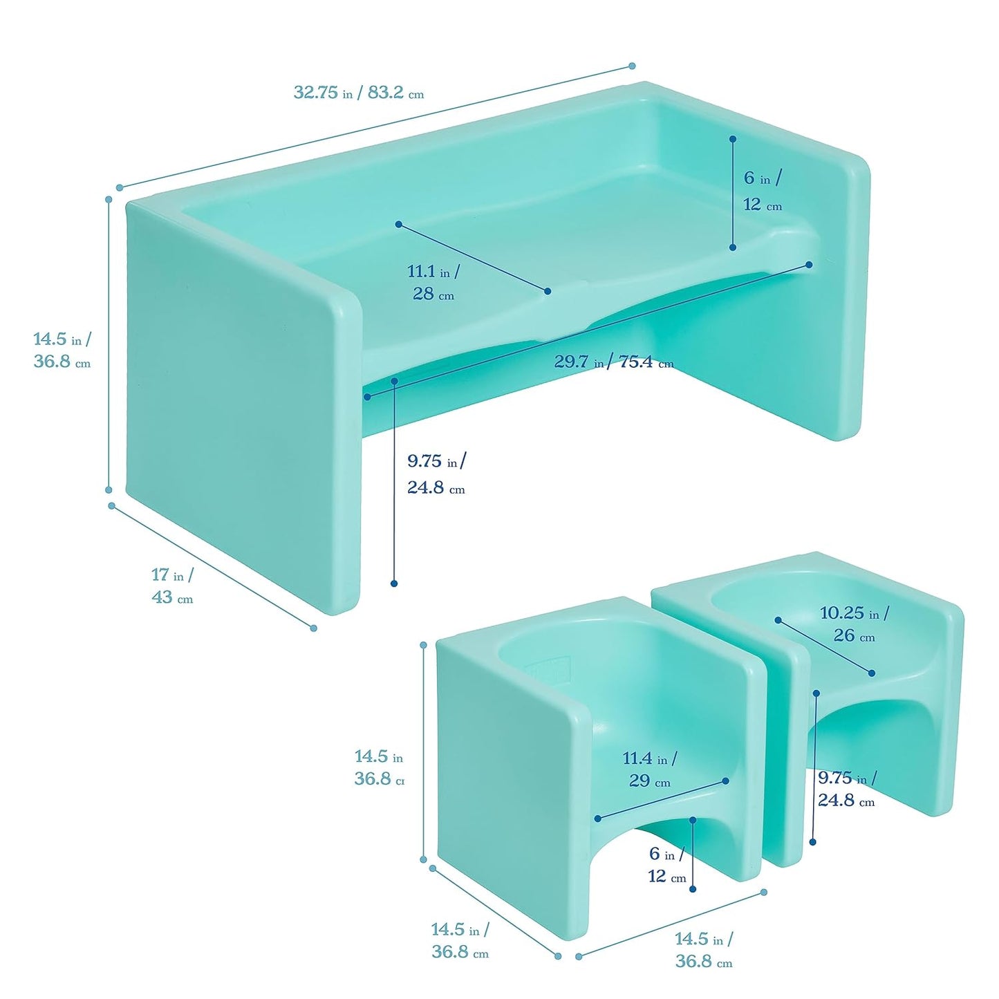 ECR4Kids Tri-Me Table and Cube Chair Set, Multipurpose Furniture, Aqua, 3-Piece