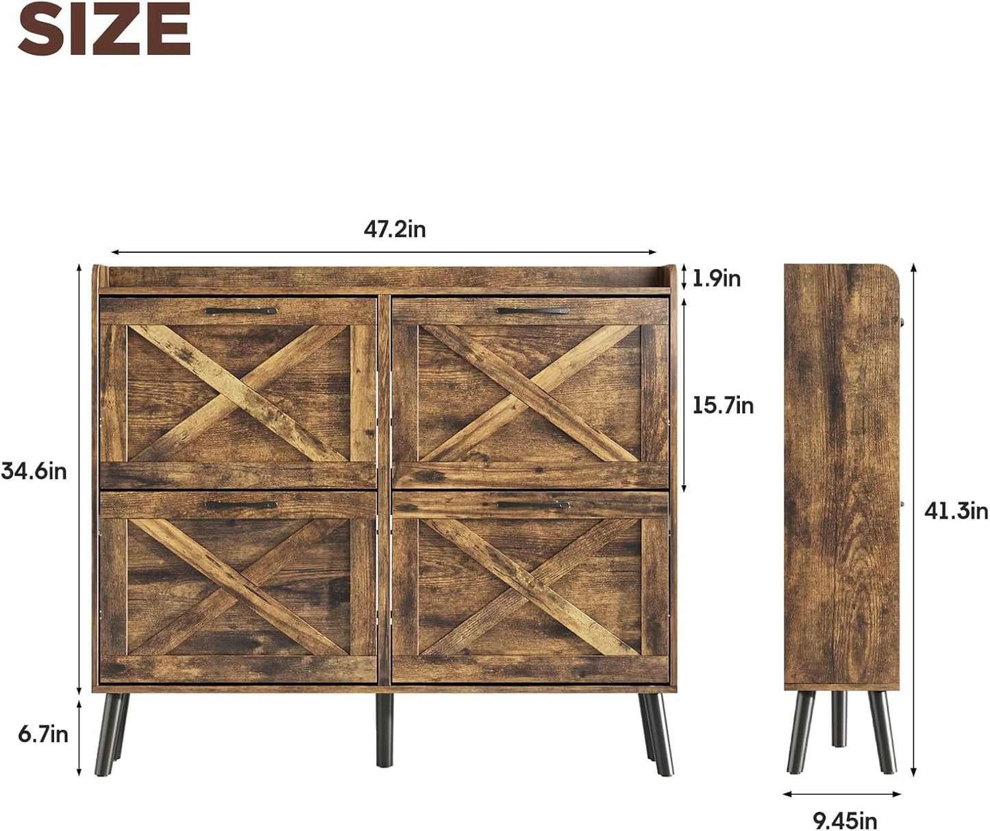 Maupvit Large Shoe Storage Cabinet with 4 Flip Drawers, Narrow Shoe Cabinet for Entryway with Wooden Legs, Freestanding Hidden Shoe Rack Organizer ＆ Metal Hinges, Rustic Brown