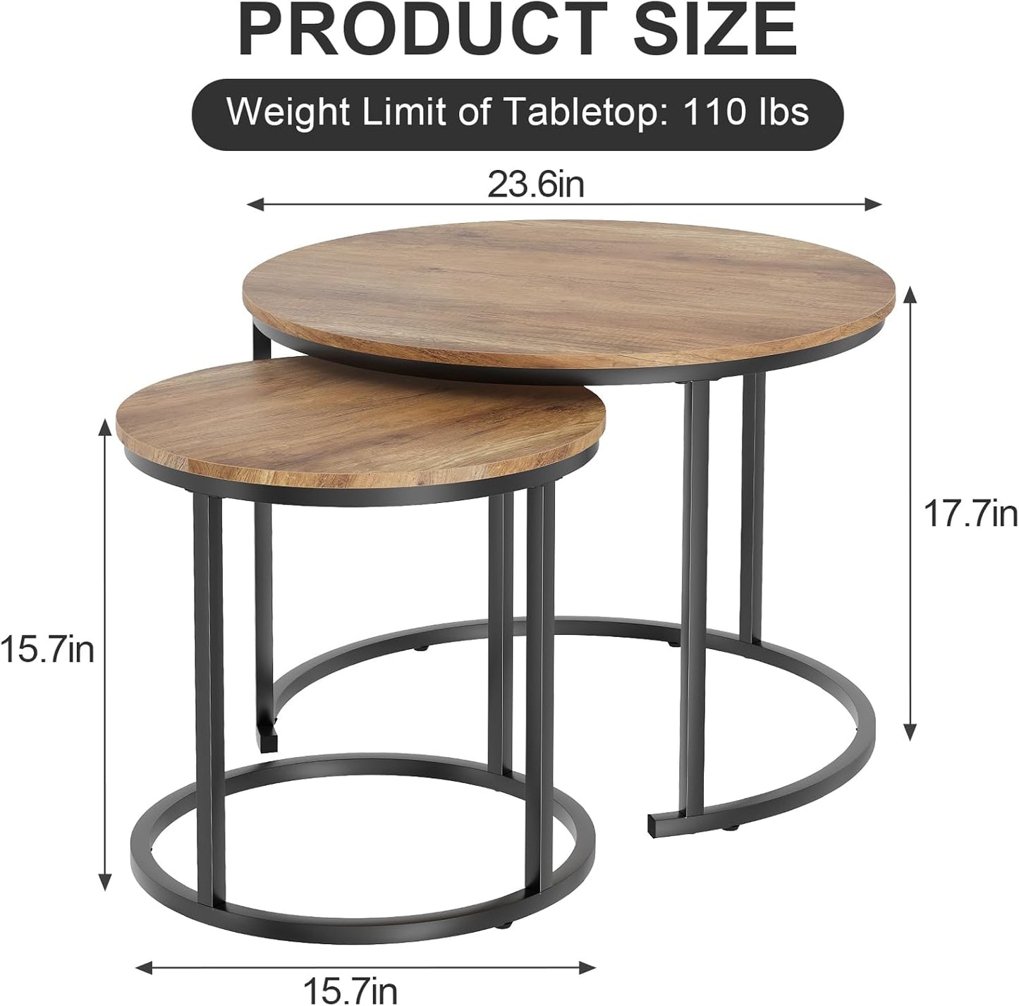 Garden 4 you Nesting Coffee Table, 23.6" Round Coffee Table Set of 2, Wooden Nesting Table Set for with Metal Frame, Side Tables for Living Room Bedroom Balcony, Brown
