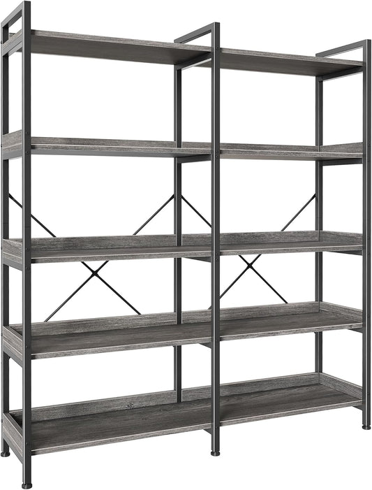 Huuger 5 Tier Bookshelf, Display Bookshelf with 10 Open Shelves and Raised Baffle, 47.2 Inch Straight Wide Bookcase with Metal Frame and Wooden Board, Adjustable Feet, Grey