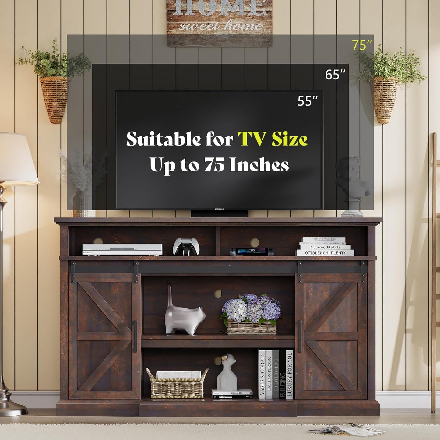 66" Farmhouse TV Stand for 75 Inch TVs, 40" Tall Entertainment Center with Sliding Barn Doors, Rustic Media Console Table Storage Cabinet with Adjustable Shelves, Living Room, Sawdust Brown