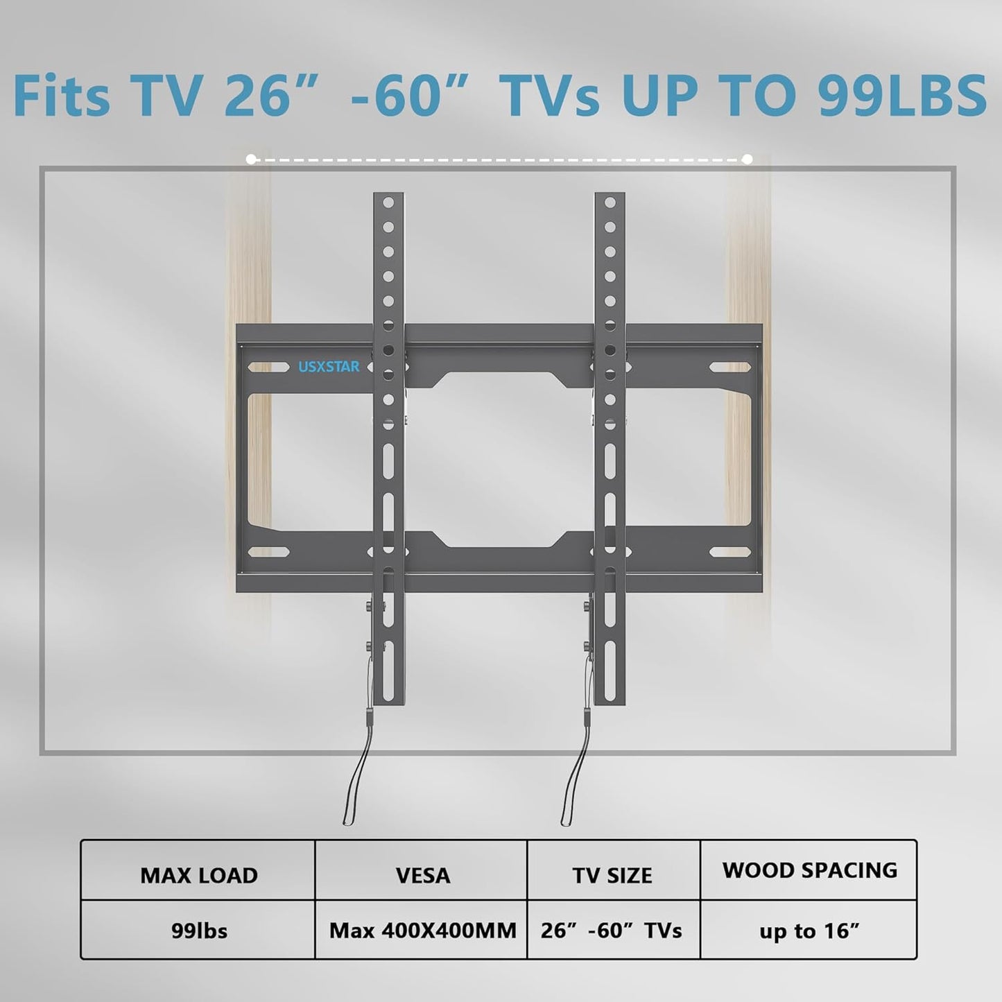 Fixed TV Wall Mount for Most 26-60 Inch Screen, Low Profile TV Mount with Quick Release Lock, Ultra Slim Wall Mount Bracket, Max VESA 400x400mm, Holds up to 99 lbs, up to 16”Wood Studs