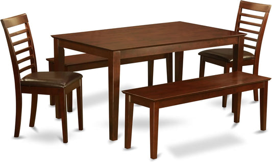 East West Furniture CAML5C-MAH-LC 5 Piece Dining Room Furniture Set Includes a Rectangle Kitchen Table and 2 Faux Leather Dining Chairs with 2 Benches, 36x60 Inch, Mahogany