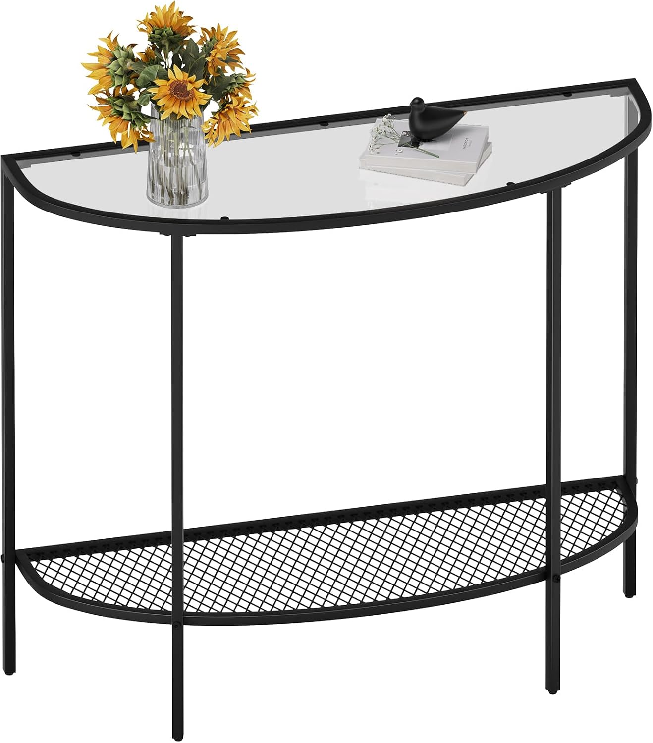 SAYGOER Glass Half Moon Console Table 2 Tier Narrow Entryway Table with Black Metal Frames, Modern Couch Table Small Entry Way Tables, Easy Assembly, Clear Glass