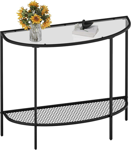 SAYGOER Glass Half Moon Console Table 2 Tier Narrow Entryway Table with Black Metal Frames, Modern Couch Table Small Entry Way Tables, Easy Assembly, Clear Glass