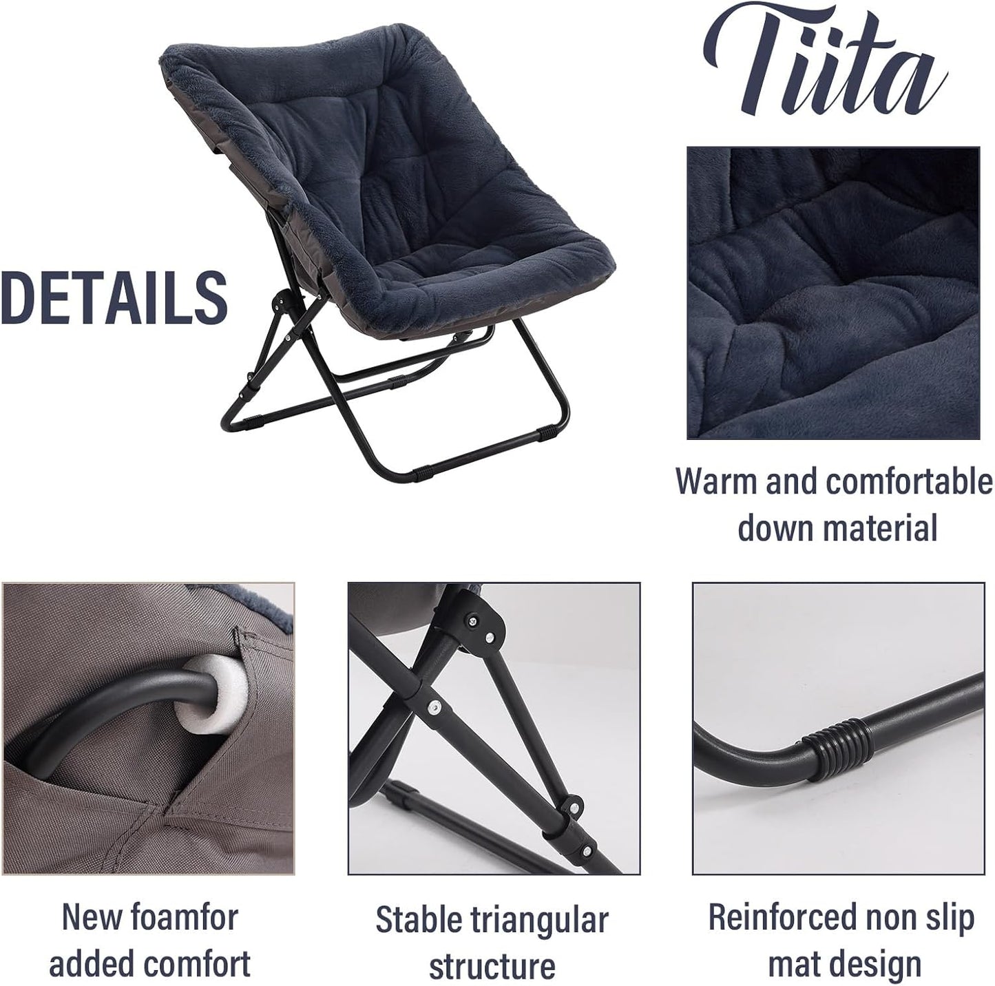 Tiita Folded Chair with Ottoman, Soft Faux Fur Oversized Folding Accent Chair,Lounge Lazy Chair, Metal Frame Moon Chair for Bedroom, Living Room, Dorm Rooms, Garden and Courtyard