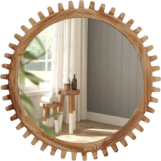 ULIKE Round Wood Mirror, 30 Inch Rustic Farmhouse Circle Mirror with Wooden Frame, Mordern Wall Decor for Bathroom Nursery Bedroom Living Room Entryway, Brown