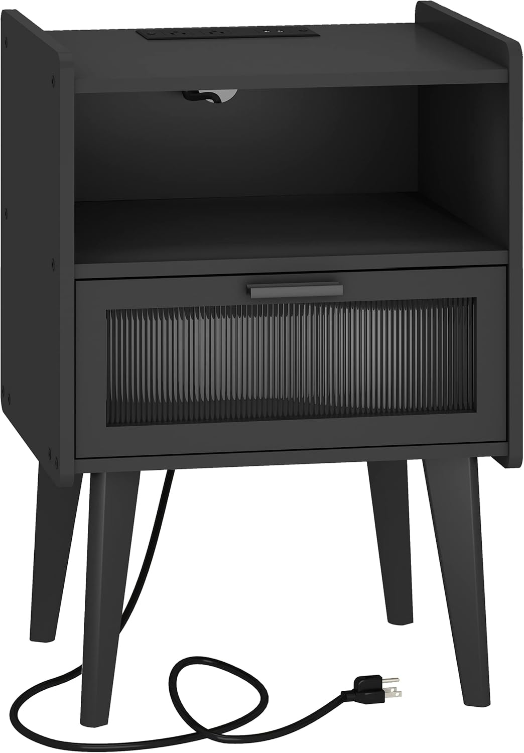 Nightstand with Charging Station, Bedside Tables, End Table Side Table with 2 Tiers Storage Space, for Bedroom, Living Room, Black CAMLBZ07BE