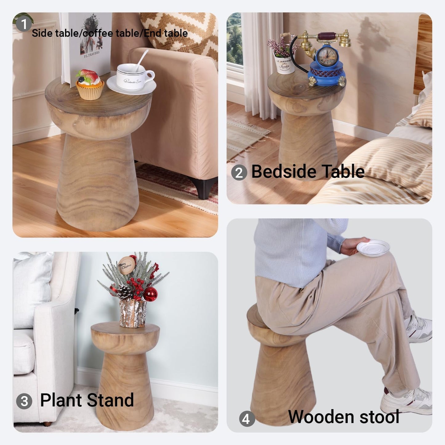 Athaliah Small Rustic Tree Stump Wood Side Table/Stool – 17.75″H Compact Hand-Carved Paulownia Accent Table, Versatile Nightstand & Plant Stand, Farmhouse Style