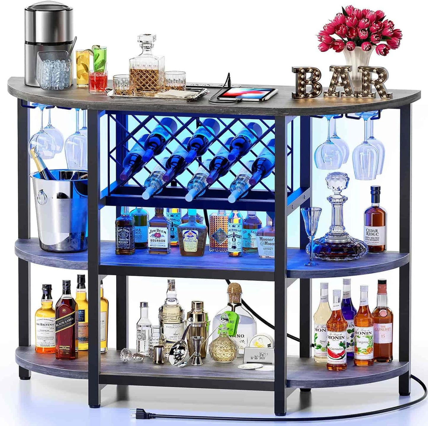 Zarler Bar Cart with Power Outlet Easy to Assemble, LED Home Bar Cabinet for Liquor, 47.3" L x 15.8" D x 36" H Metal Mini Bar Table with 4-Tier Storage, Grey