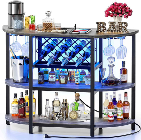 Zarler Bar Cart with Power Outlet Easy to Assemble, LED Home Bar Cabinet for Liquor, 47.3" L x 15.8" D x 36" H Metal Mini Bar Table with 4-Tier Storage, Grey
