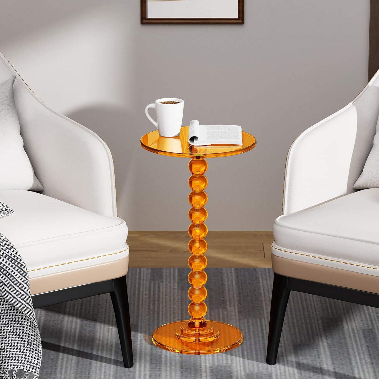 Acrylic Side Table, End Table Round Top with Solid Post for Living Room, Bedroom, Balcony, Easy Assembly (Clear) (Pedestal, Orange)