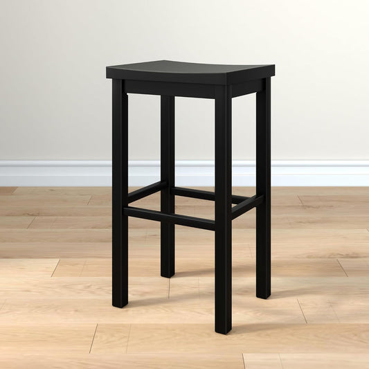 Grain & Grove Smith Collection Solid Wood Bar Stool, 30 inch Saddle-Seat Bar Chair, Backless, Heavy-Duty Construction, Footrest Support, Ideal for Kitchen Islands, Home Bars, and Counters, Black