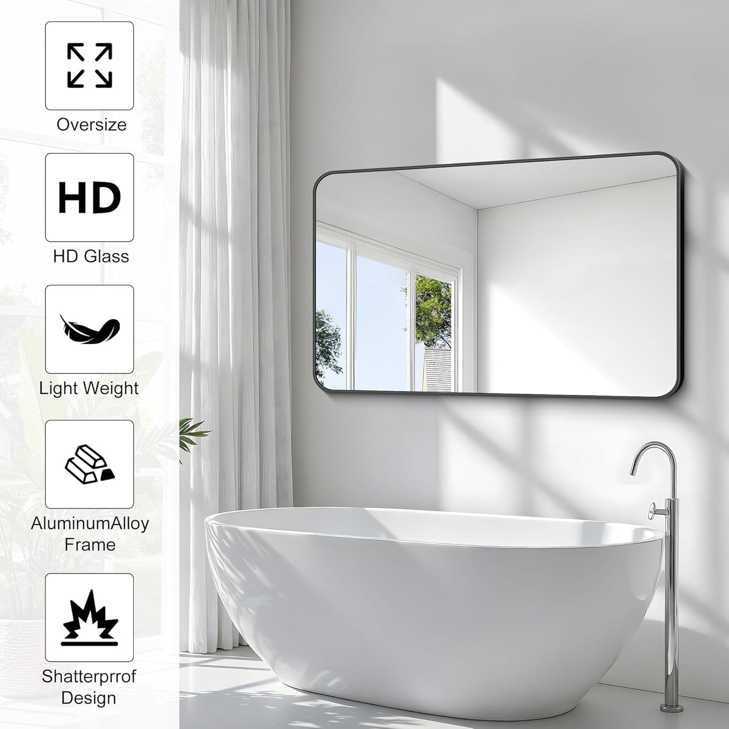 BONEWEI 30x48 inch Bathroom Mirror,Black Rectangle Mirror,Wall Mounted Bathroom Frame Vanity Mirror with Round Corner for Bedroom Living Room, Entryway Hangs Horizontal or Vertical