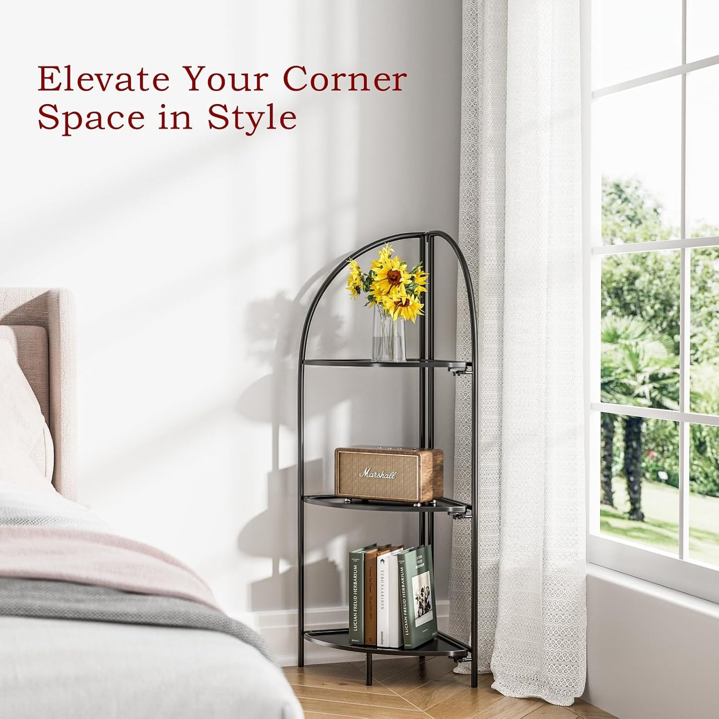 Crofy Foldable 3 Tier Corner Shelf, Metal Corner Plant Stand with Black Frame and Black Shelves, Corner Display Rack Multipurpose Shelving Unit for Living Room, Bedroom, Bathroom