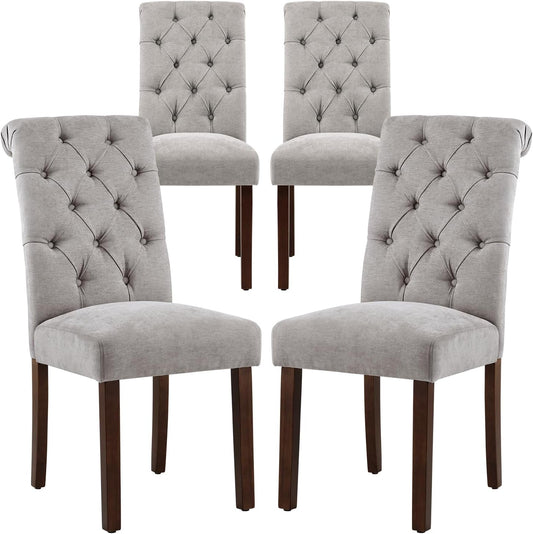 COLAMY Button Tufted Dining Chairs Set of 4, Parsons Upholstered Fabric Dining Room Chairs Kitchen Chairs with Wood Legs and Padded Seat, Light Grey