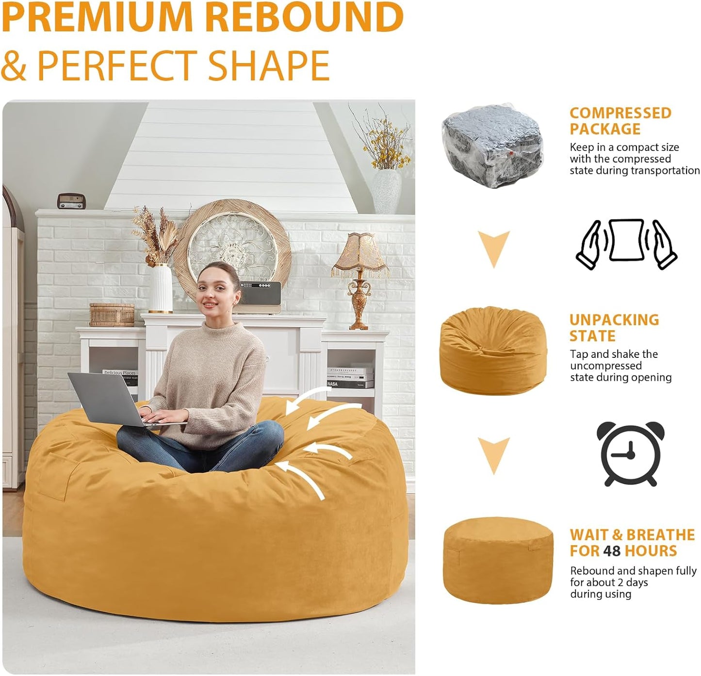 4FT Bean Bag Chair, Large Bean Bag Chairs with Memory Foam Filled, Fluffy Beanbag Sofa with Dutch Velvet Cover, Round BeanBag Chairs for Living Room, Playroom - Mustard