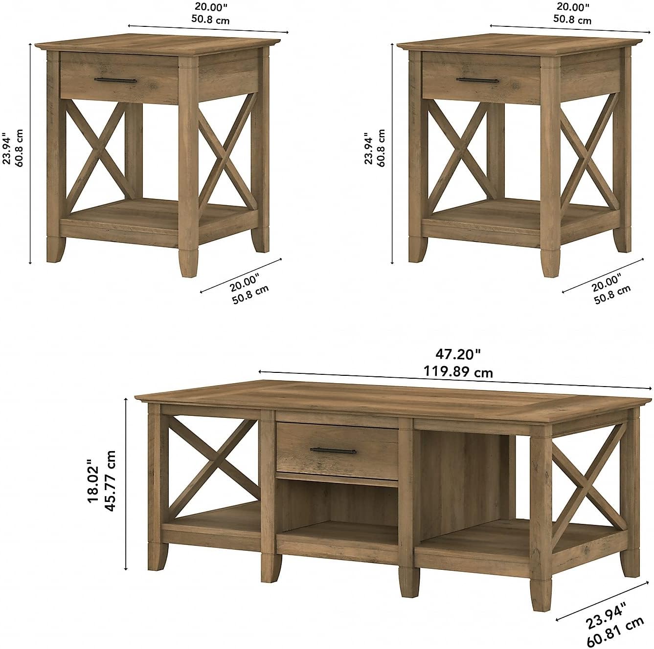 Bush Furniture Key West Coffee Table with Set of 2 End Tables in Reclaimed Pine