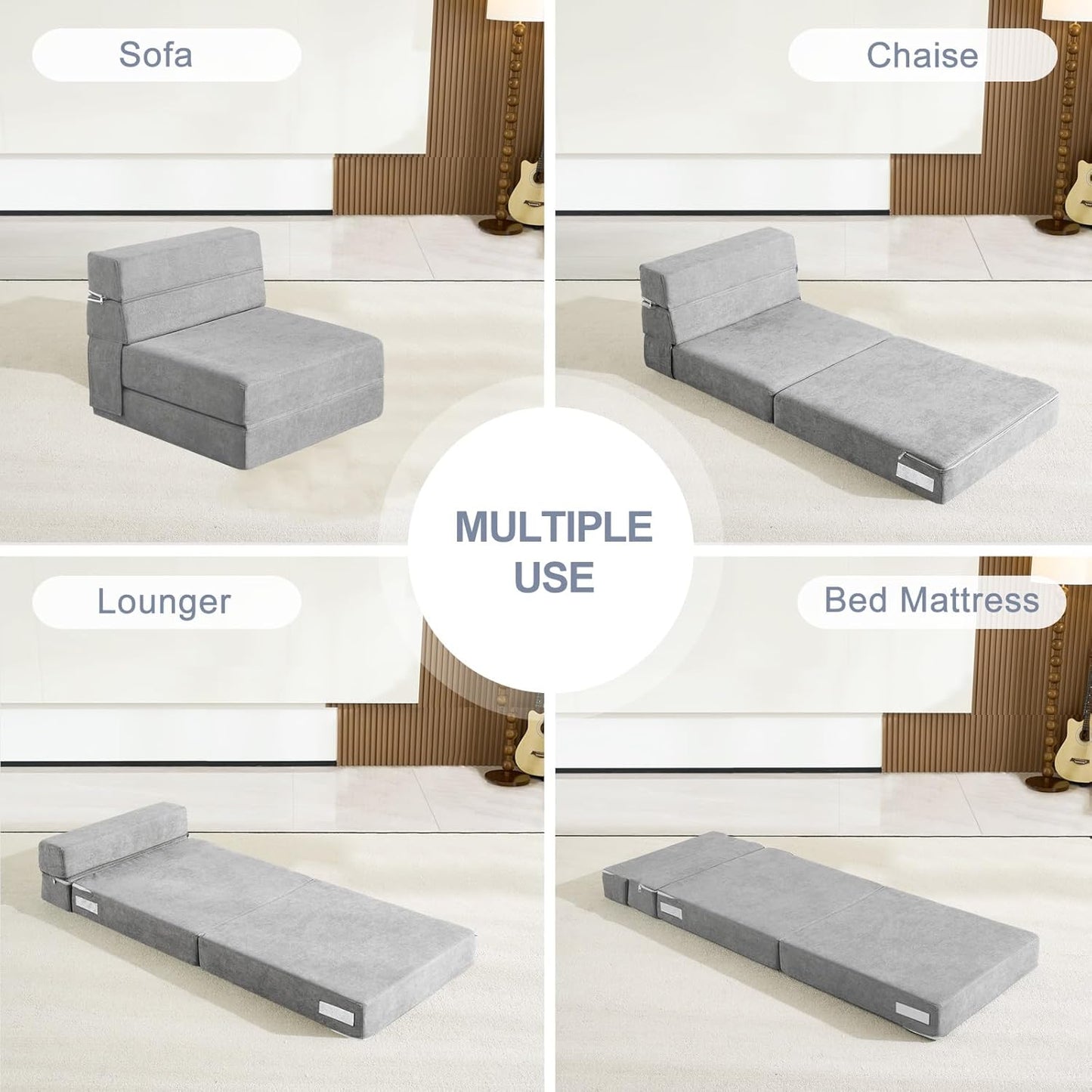 ANONER Folding Sofa Bed Couch Memory Foam Fold Out Chair Bed with Pillow, Single Size Convertible Sofa Bed Futon Sleeper Chair, Light Gray