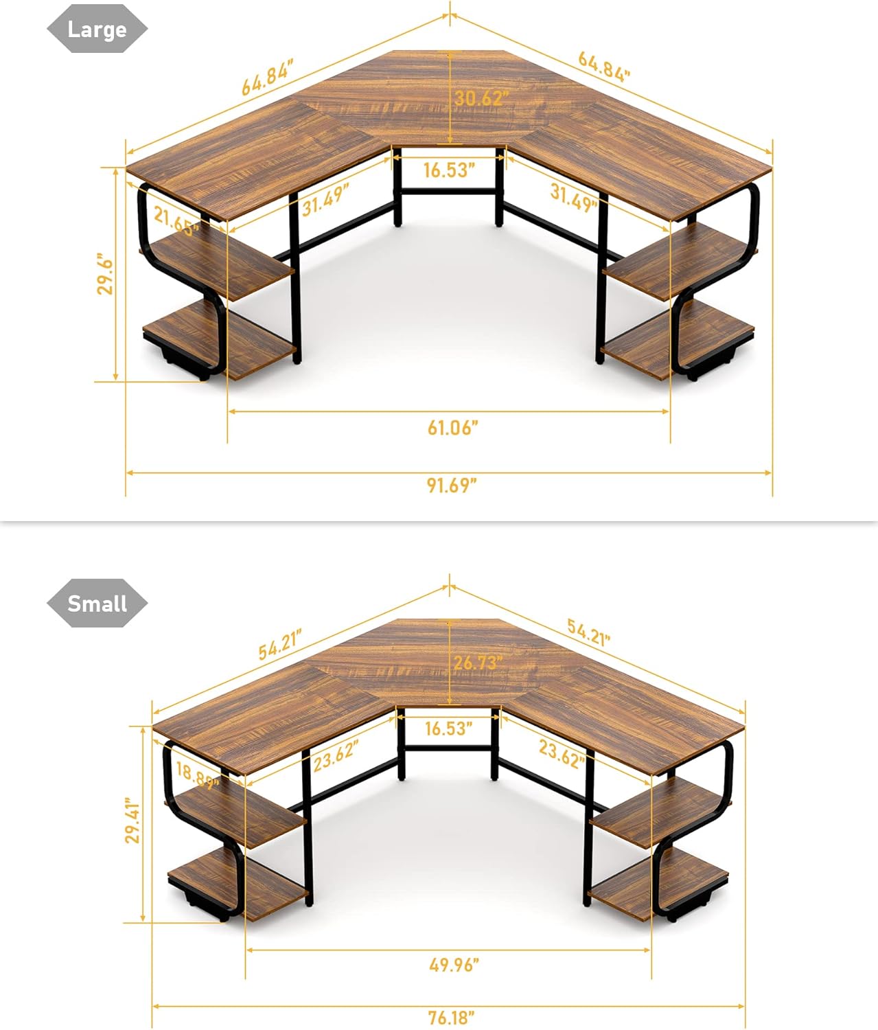 Teraves Modern L Shaped Desk with Shelves,64.84" Computer/Gaming Desk for Home Office,Corner Desk with Desktop (Teak+Black Frame, Large+4 Tier Shelves)