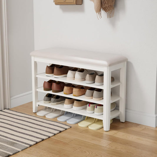 Shoe Bench with Leather Cushion, 3 Tiers Shoe Storage Bench Height Adjustable, Walnut Wood Entryway Bench for Hallway, Mudroom