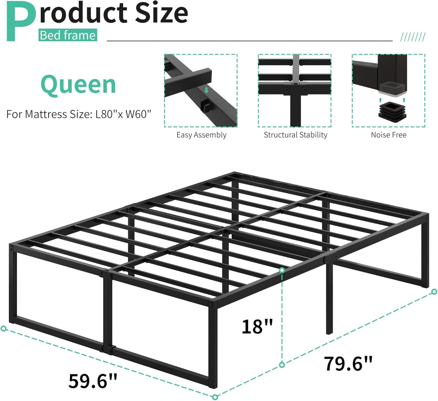 18 Inch Queen Bed Frame Heavy Duty Steel Slat Support Metal Queen Size Platform Bed Frame No Box Spring Needed, Easy Assembly, Black