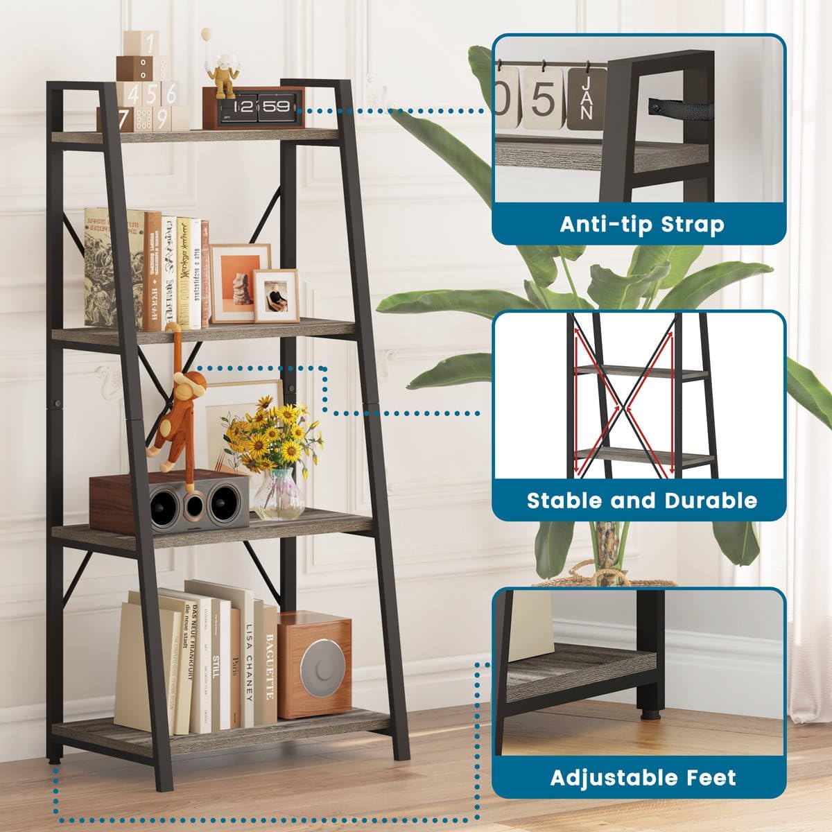 BON AUGURE Ladder Bookshelf, 4 Tier Ladder Shelf Bookcase, Wood Leaning Book Shelves for Living Room, Bedroom, Home Office Shelving Unit (Dark Grey Oak)