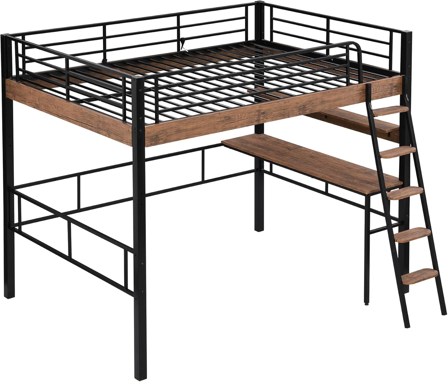 Metal Full Size Loft Bed with Built-in Desk,Storage Shelf and Ladder,Full-Length Guardrails and Secured Metal Slats, High LoftBed W/Large Storage Space for Kids Teens Adults Bedroom,Black