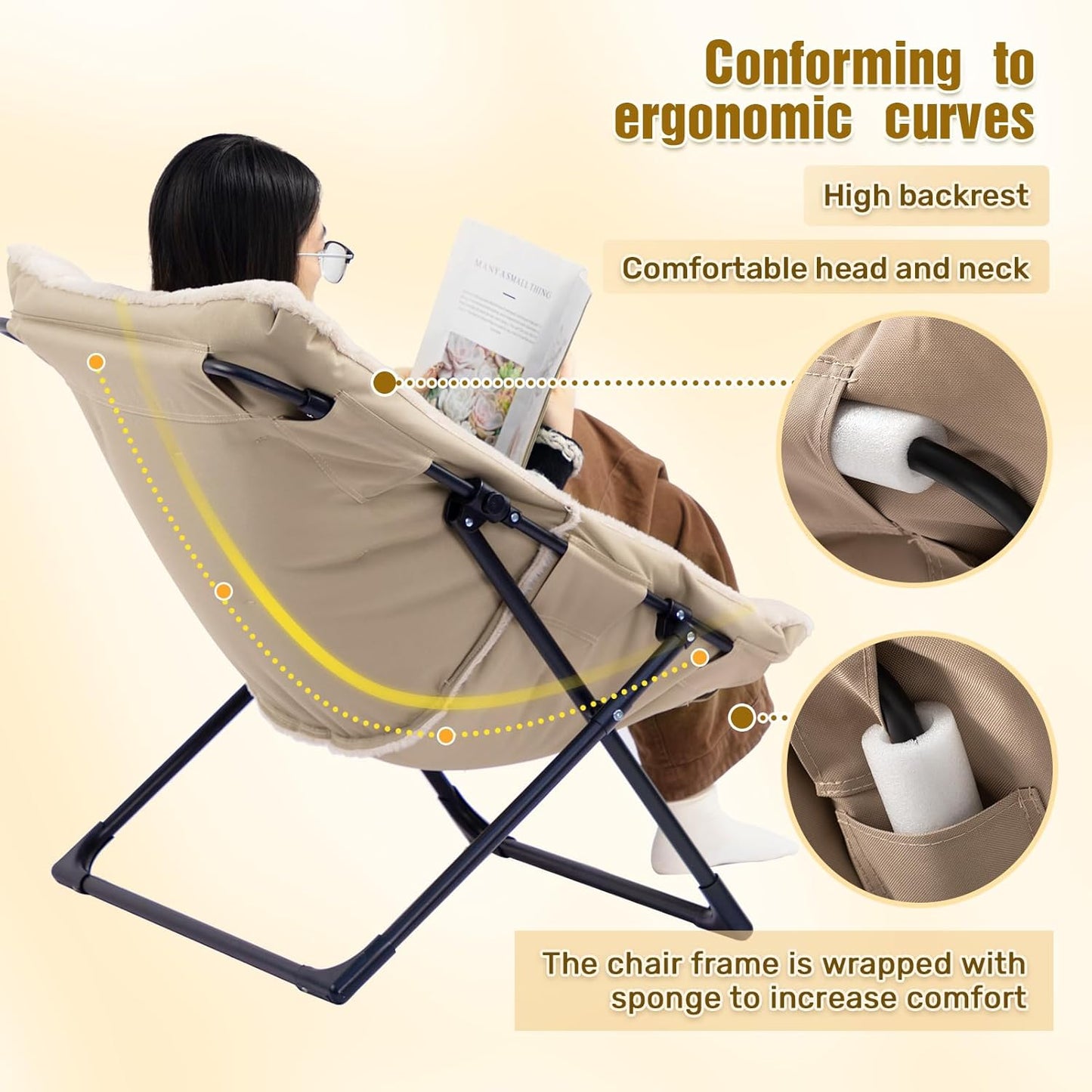 HollyHOME X-Large Saucer Chair, Comfy Oversized Folding Chair, Faux-Fur Reading Chair for Teens, Adults, Foldable Accent Lazy Chair, Metal Lounge Chair for Living Room, Bedroom, Dorm, Light Khaki