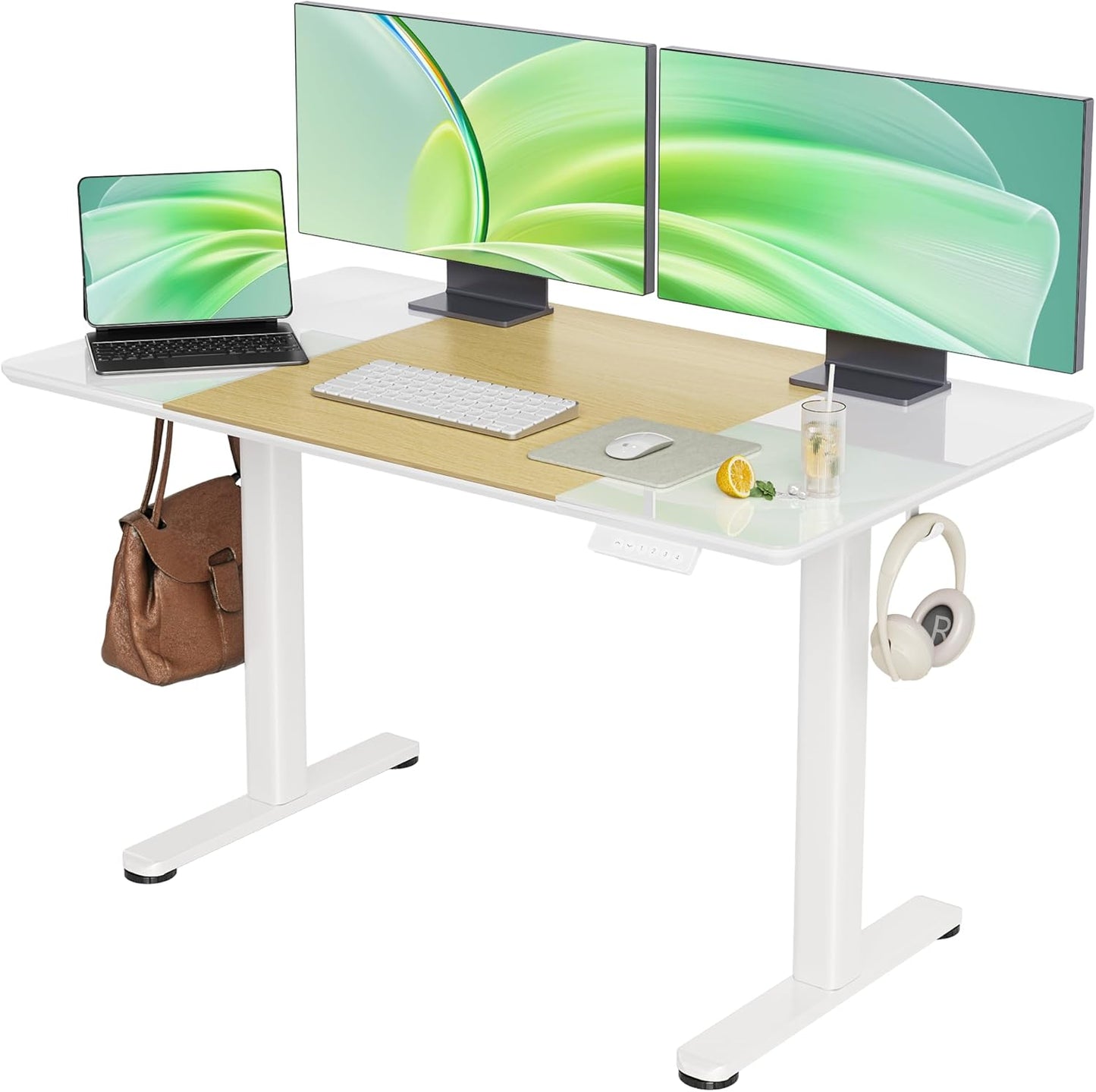 INNOVAR Glass Standing Desk, 48 x 24 Inches Height-Adjustable Desk, Tempered Glass and Wooden Top, Quick Install Home Office Stand Up Desk with 4 Presets, White Glass and Natural Wood