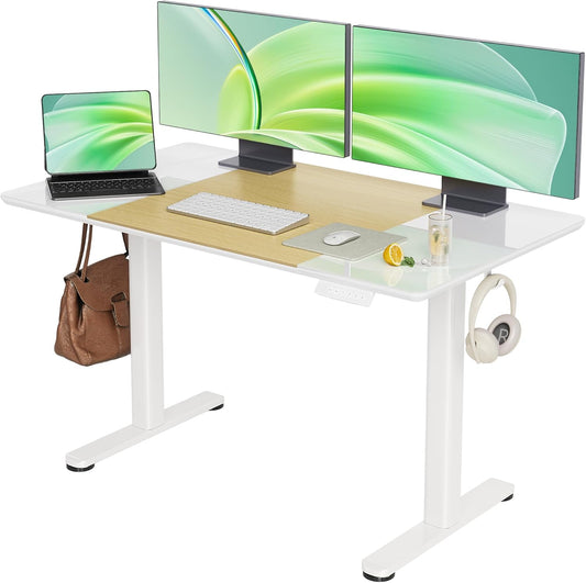 INNOVAR Glass Standing Desk, 48 x 24 Inches Height-Adjustable Desk, Tempered Glass and Wooden Top, Quick Install Home Office Stand Up Desk with 4 Presets, White Glass and Natural Wood