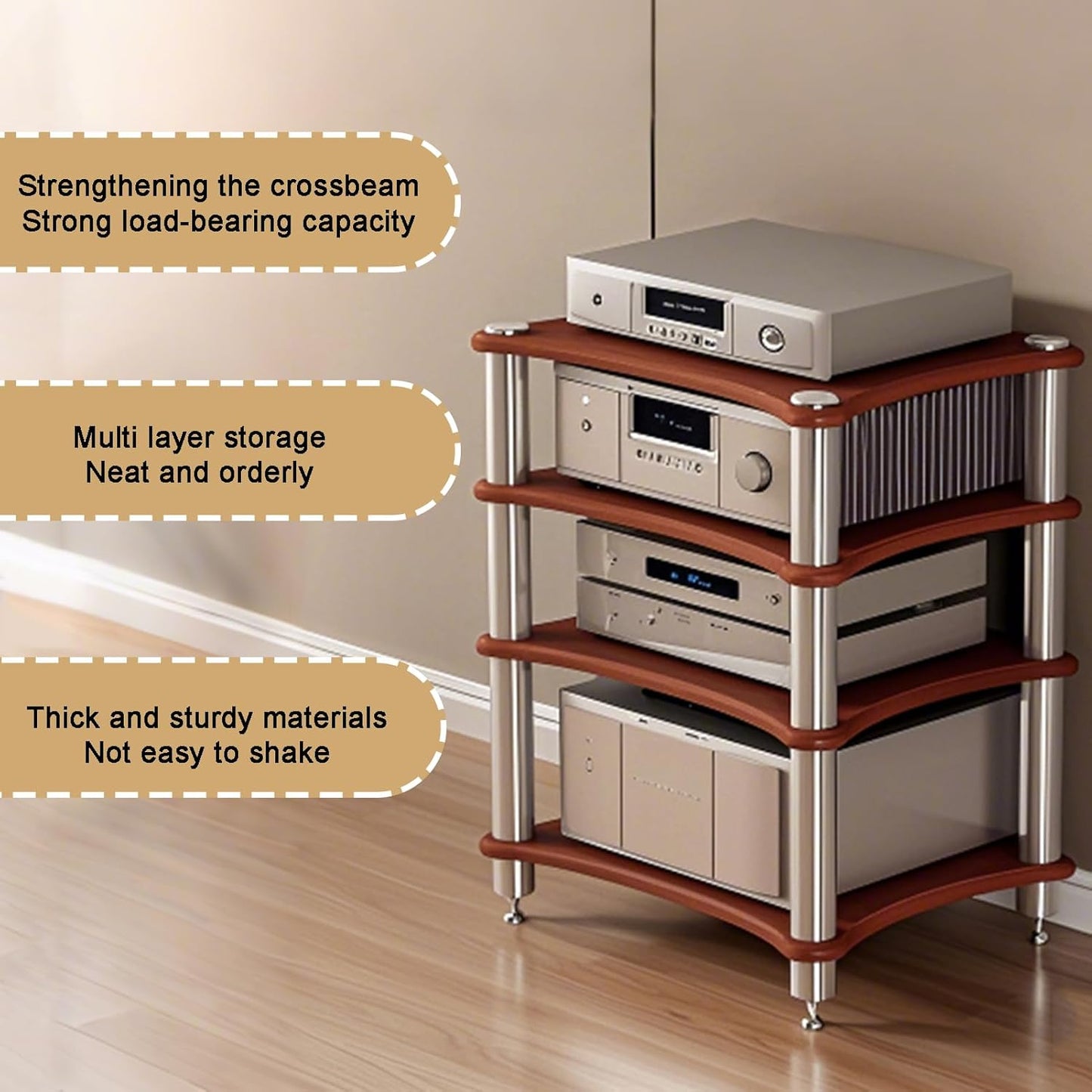 4-Tier AV Media Stand, Stereo Racks and Stands, Video Component Cabinet Audio Rack Tower for DVD Player Game Console TV Box WiFi Routert (Dark Wood, 4-Tier)