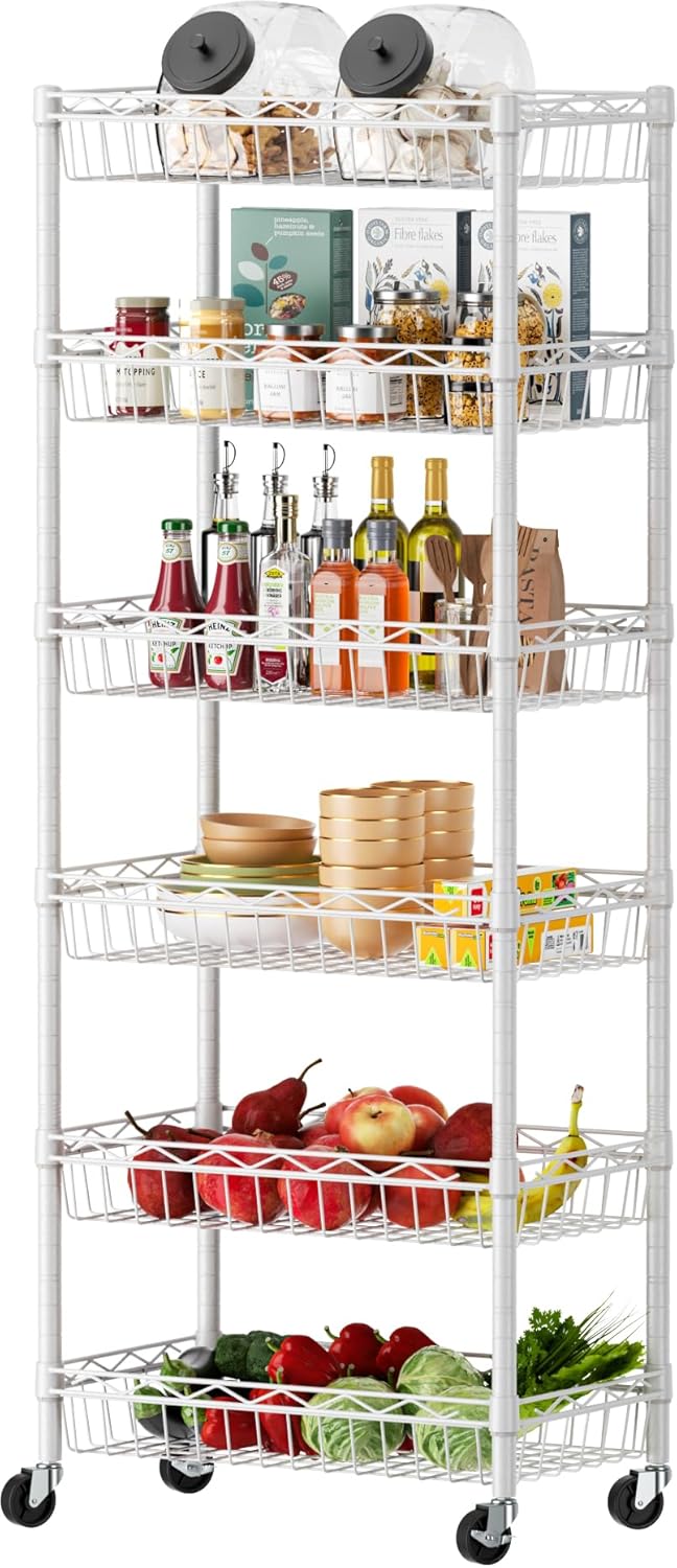 SINGAYE 6 Tier Basket Shelf Wire Shelving Unit Adjustable Storage Shelves Big Basket Rack for Garage Kitchen Office Pantry Corner 17" Dx12 Wx63 H White