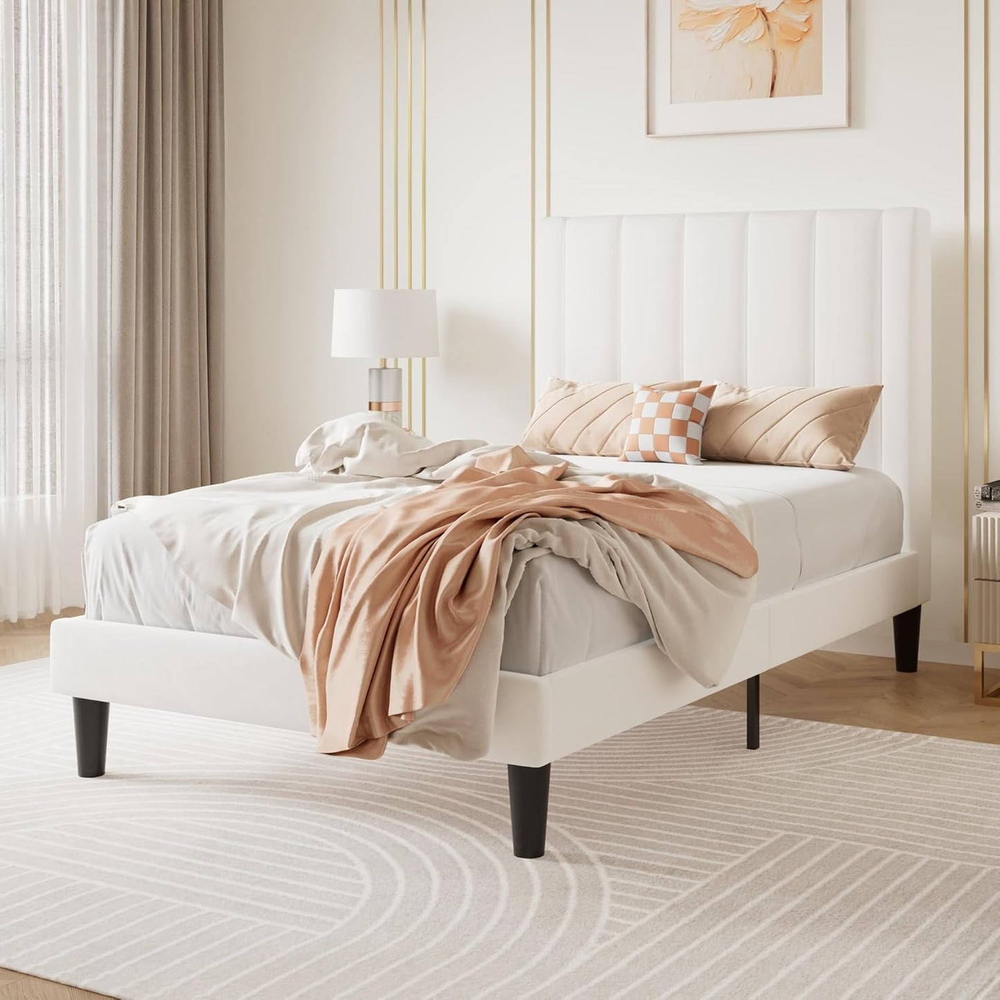 SHA CERLIN Twin Bed Frame/Velvet Upholstered Platform Bed Frame with Headboard/Strong Wood Slats Support/Mattress Foundation/No Box Spring Needed/Easy Assembly/White