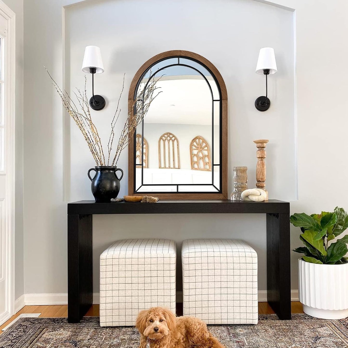 blue page Arched Mirror, Farmhouse Wall Decor Accent, Rustic Wood Framed Mirror Like Window for Bathroom Vanity, Bedroom, Entryway, and Living Room