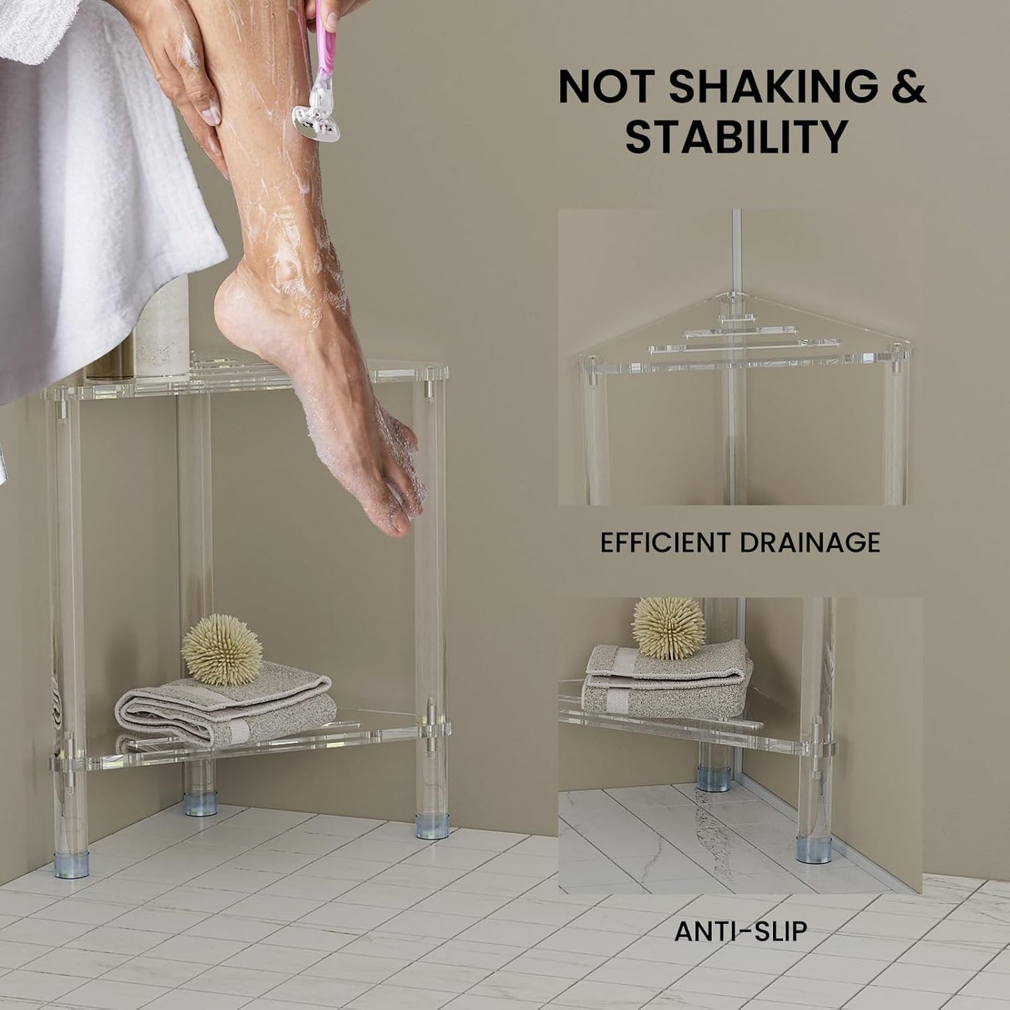 Acrylic Corner Shower Stool for Shaving Legs 11.42" D X 11.42" W X 17.91" H, Triangle Foot Rest With Storage Shelf, Heavy Duty, for Inside Shower