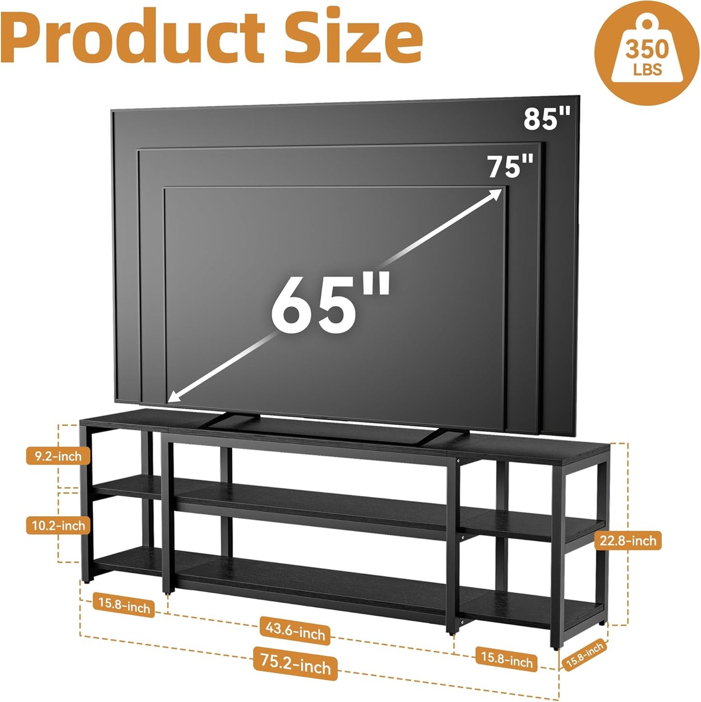 Aquzee 85 inch TV Stand, Entertainment Center for 70 75 80 85" TV, 75.2" Wide Wood Television Console Table for Living Room Bedroom Gaming Room, Black
