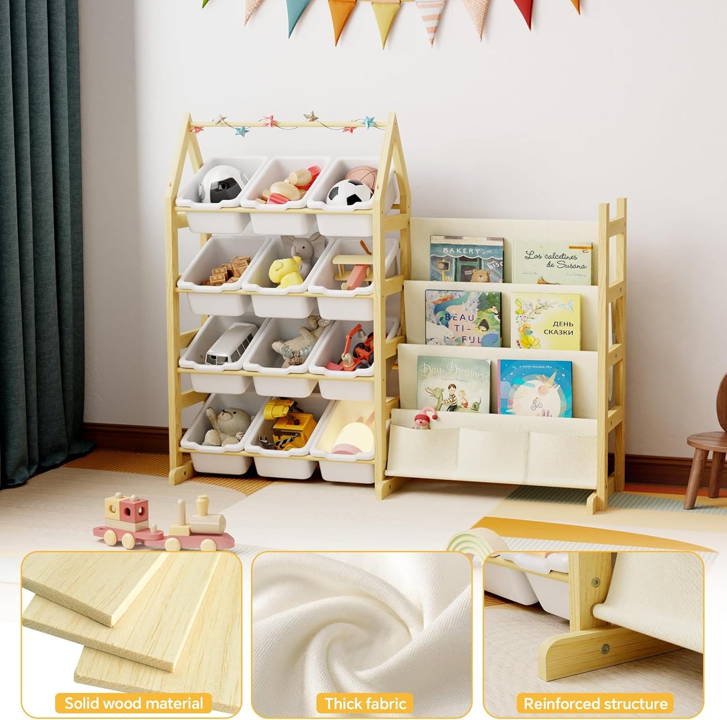 Wooden Toy Storage Organizer Kids Bookshelf, with 12 Toy Organizer Bins, Child Book Shelf for Kids Rooms, Nursery, Baby Room, Playroom, Montessori Toys Storage Organizers Rack Bookcase Shelves